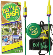 Load image into Gallery viewer, Picture of the bottle bash box and all the items that come with the game. including poles, bottles, stakes, frisbee, and bag.

